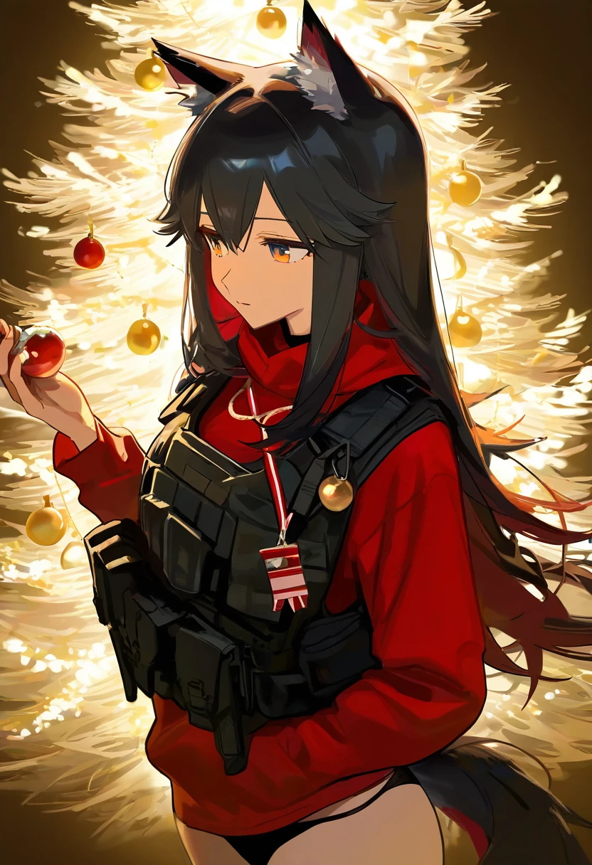 (torino), - 1girl,texas \(arknights\),arknights,underwear,tactical vest,christmas tree,christmas ornaments,