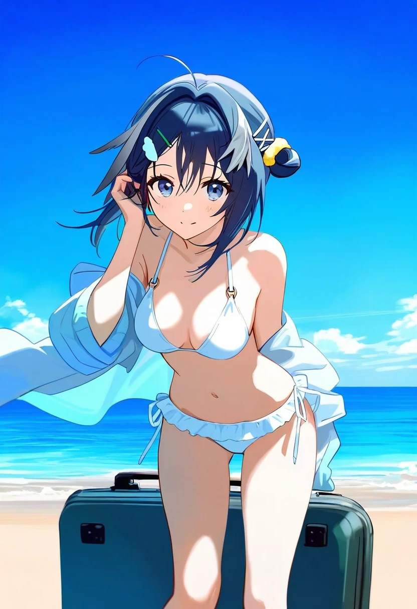 (torino), - 1girl,la pluma \(summer flowers\) \(arknights\),arknights,white bikini,outdoors,navel,day,sky,blue sky,beach,suitcase,looking at viewer,ocean,low-tied long hair,leaning forward,standing,holding,frills,hand up,bare shoulders,floating hair,