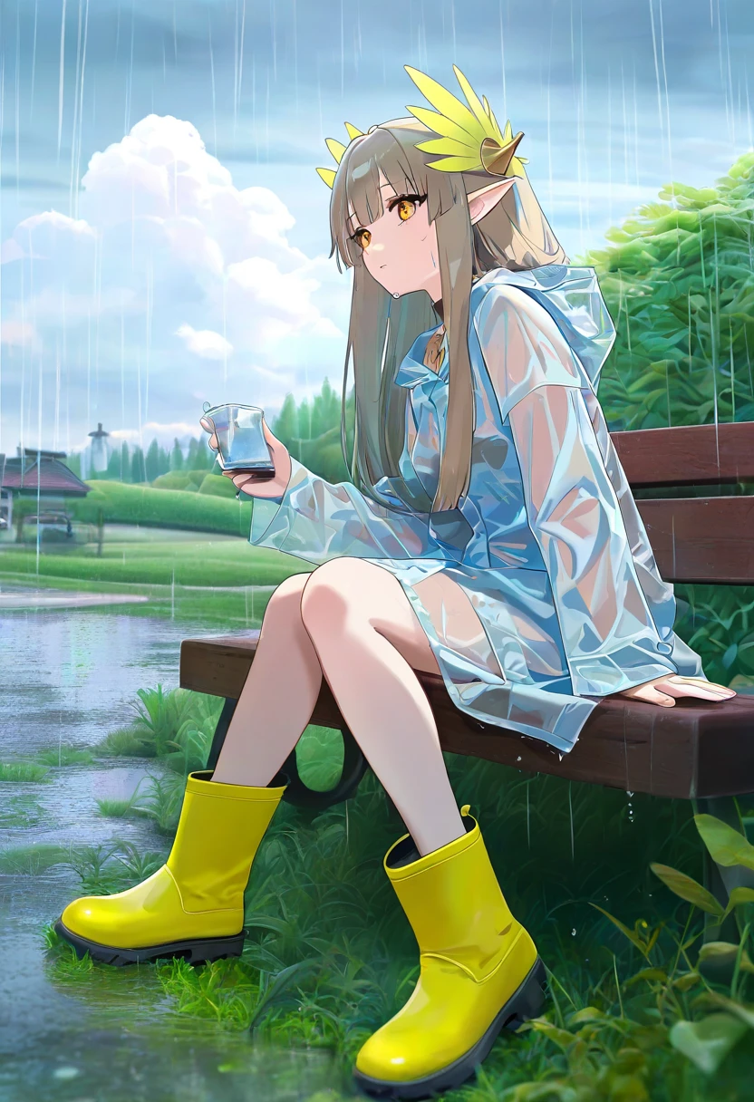 (torino), - 1girl,muelsyse \(arknights\),arknights,cloudy sky,grass,on bench,outdoors,rain,road,yellow rubber boots,see-through coat,sitting,transparent raincoat,water drop,