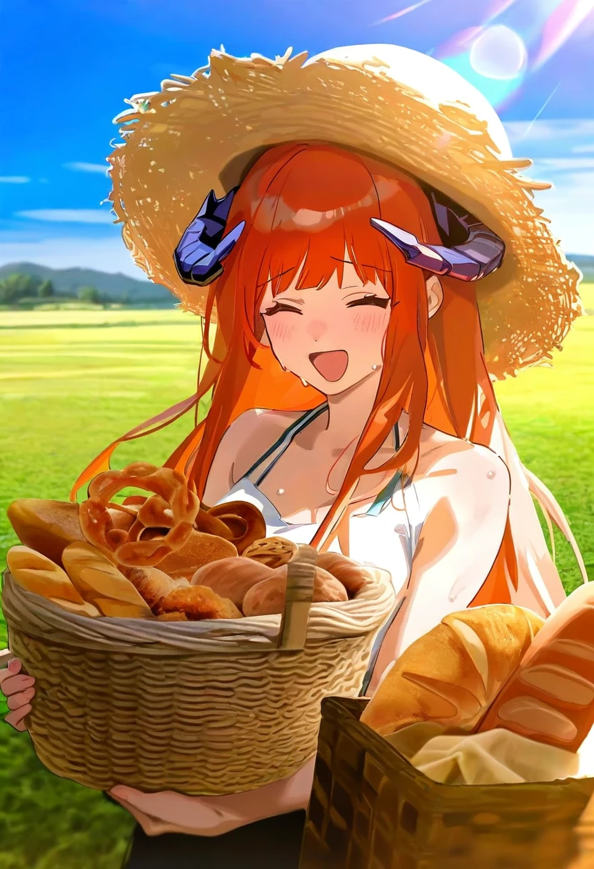 (torino), - 1girl,bagpipe \(arknights\),arknights,baguette,blush,bread,croissant,holding basket,pretzel,upper body,straw hat,field,sky,laughing,sweat,sunlight,