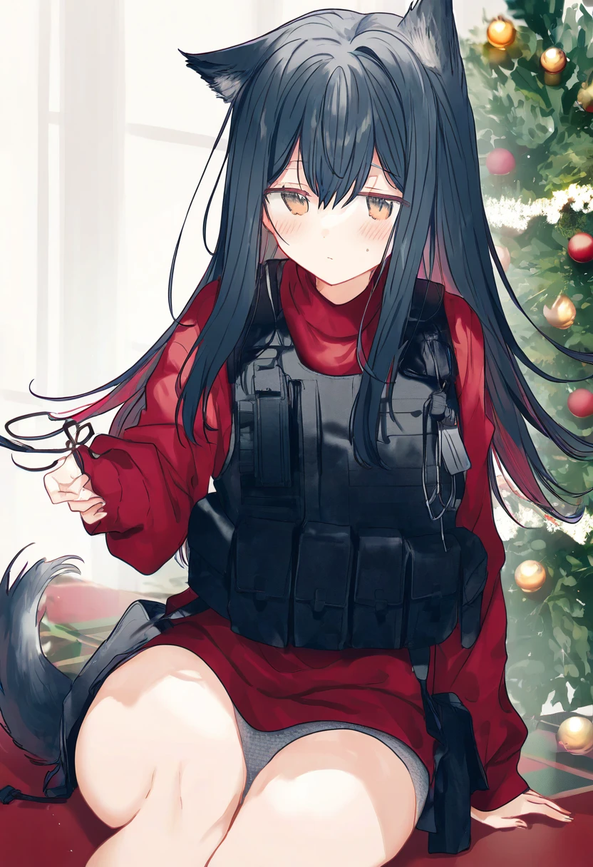 kazutake hazano, - 1girl,texas \(arknights\),arknights,underwear,tactical vest,christmas tree,christmas ornaments,