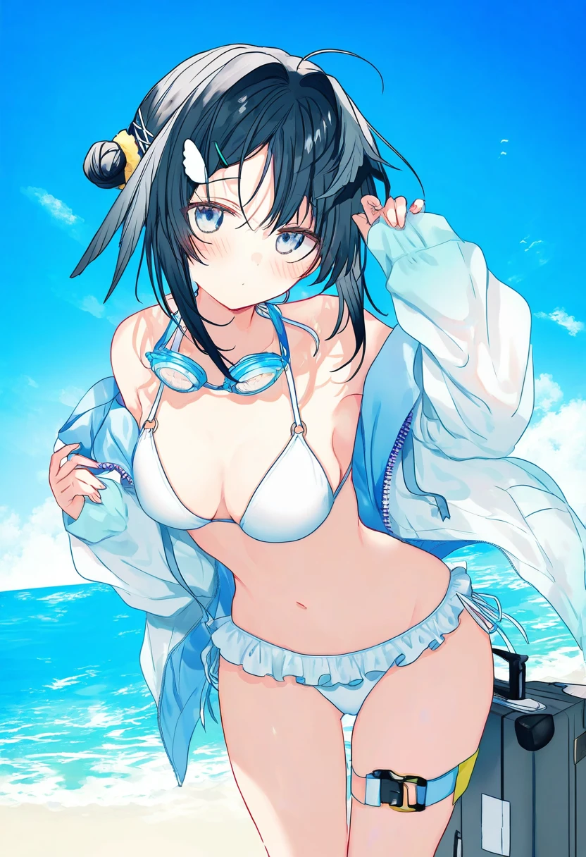kazutake hazano, - 1girl,la pluma \(summer flowers\) \(arknights\),arknights,white bikini,outdoors,navel,day,sky,blue sky,beach,suitcase,looking at viewer,ocean,low-tied long hair,leaning forward,standing,holding,frills,hand up,bare shoulders,floating hair,