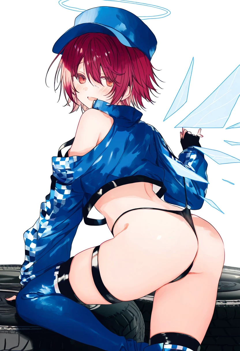 kazutake hazano, - 1girl,exusiai \(arknights\),arknights,black gloves,black panties,blue thigh boots,blue hat,blue jacket,long sleeves,race queen,thigh strap,thong,single bare shoulder,skindentation,tire,