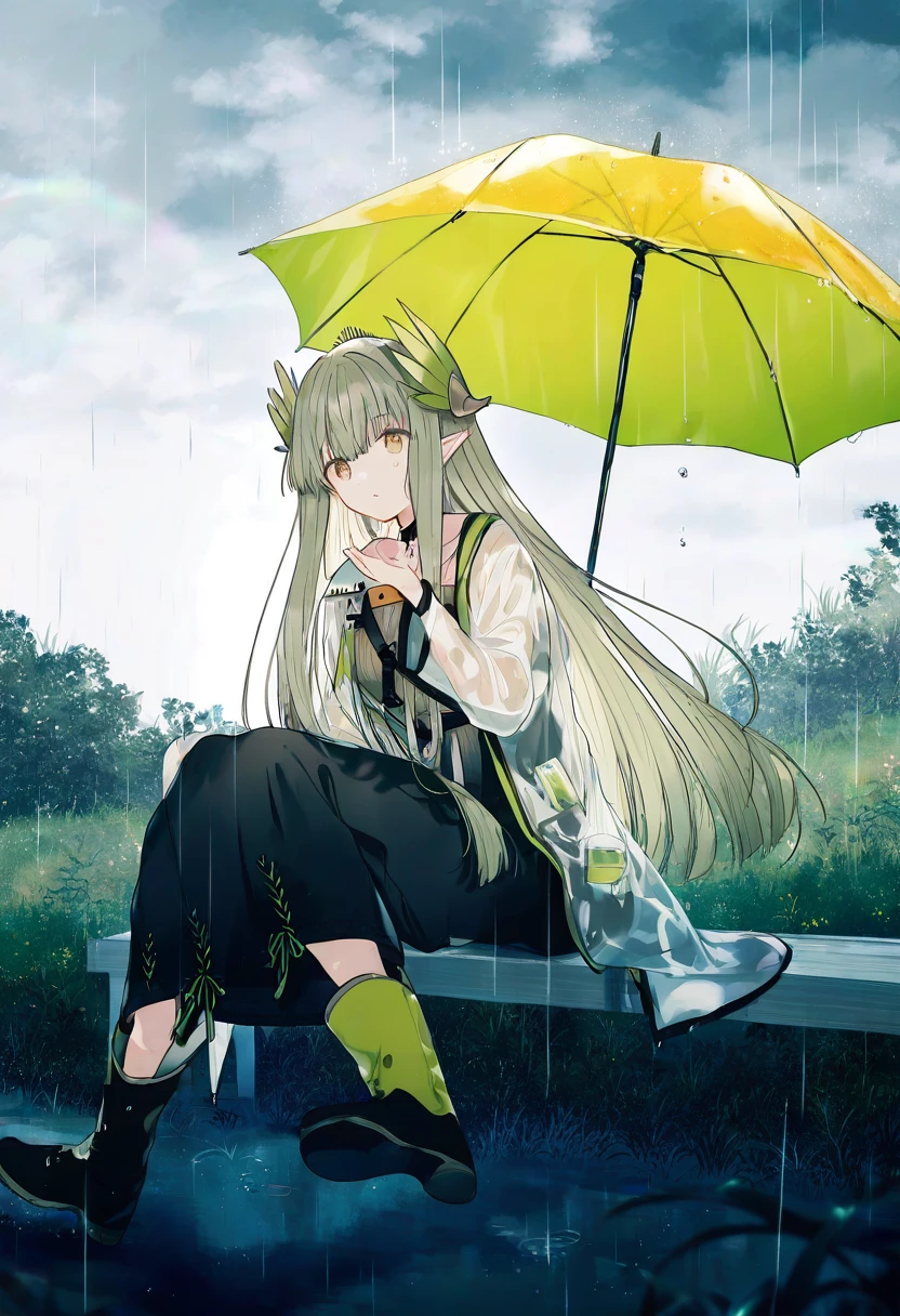 kazutake hazano, - 1girl,muelsyse \(arknights\),arknights,cloudy sky,grass,on bench,outdoors,rain,road,yellow rubber boots,see-through coat,sitting,transparent raincoat,water drop,