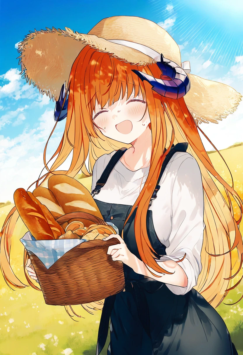 kazutake hazano, - 1girl,bagpipe \(arknights\),arknights,baguette,blush,bread,croissant,holding basket,pretzel,upper body,straw hat,field,sky,laughing,sweat,sunlight,