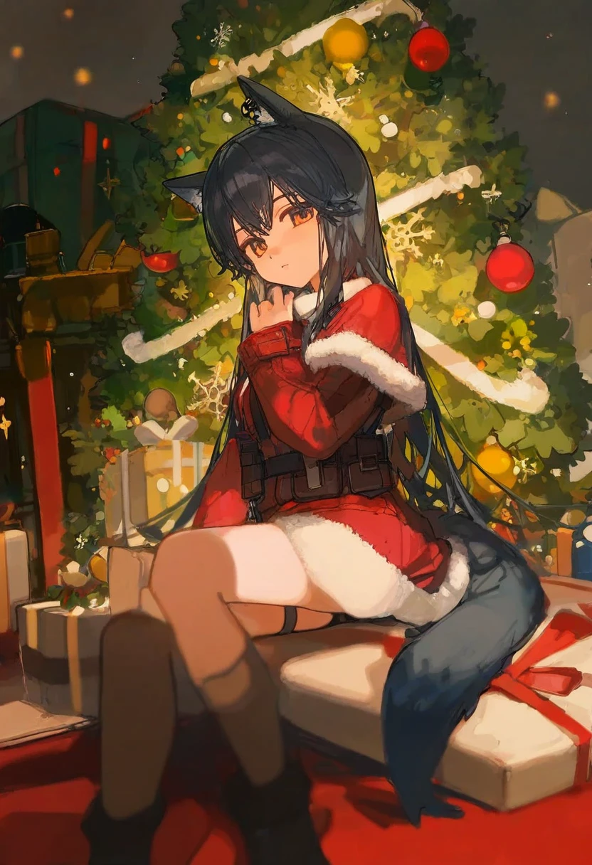 ciloranko, - 1girl,texas \(arknights\),arknights,underwear,tactical vest,christmas tree,christmas ornaments,