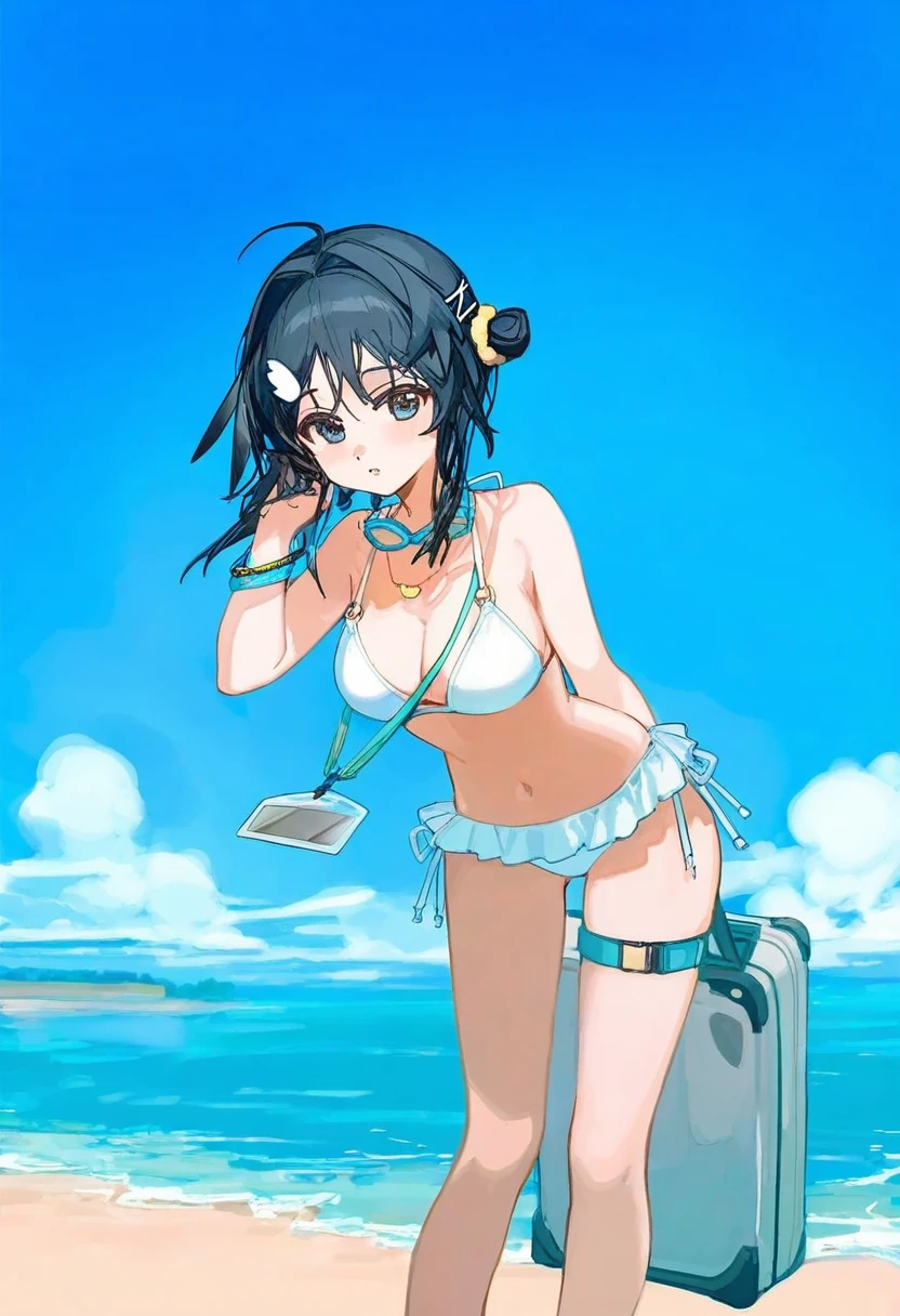 ciloranko, - 1girl,la pluma \(summer flowers\) \(arknights\),arknights,white bikini,outdoors,navel,day,sky,blue sky,beach,suitcase,looking at viewer,ocean,low-tied long hair,leaning forward,standing,holding,frills,hand up,bare shoulders,floating hair,