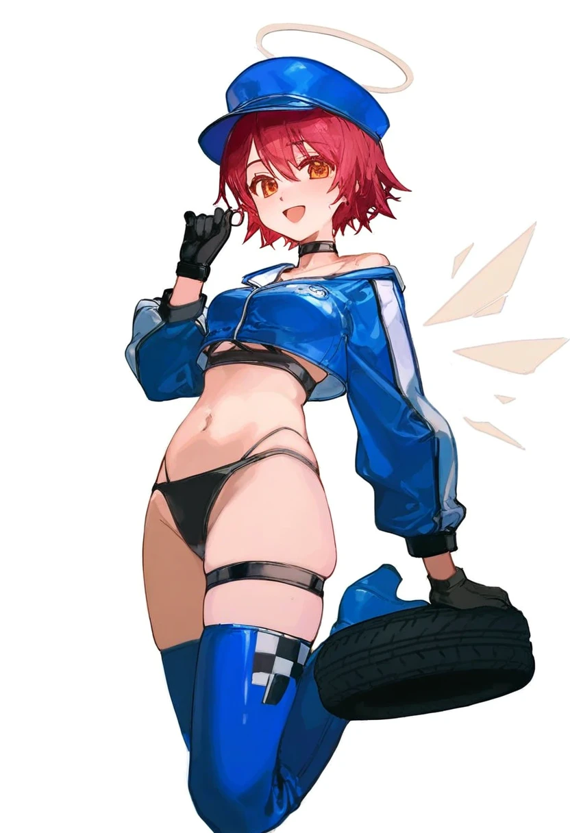 ciloranko, - 1girl,exusiai \(arknights\),arknights,black gloves,black panties,blue thigh boots,blue hat,blue jacket,long sleeves,race queen,thigh strap,thong,single bare shoulder,skindentation,tire,