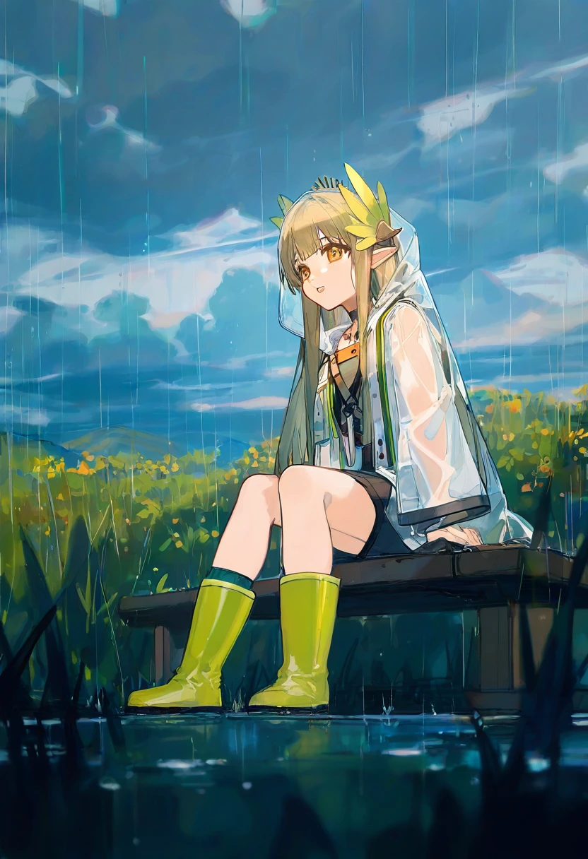 ciloranko, - 1girl,muelsyse \(arknights\),arknights,cloudy sky,grass,on bench,outdoors,rain,road,yellow rubber boots,see-through coat,sitting,transparent raincoat,water drop,