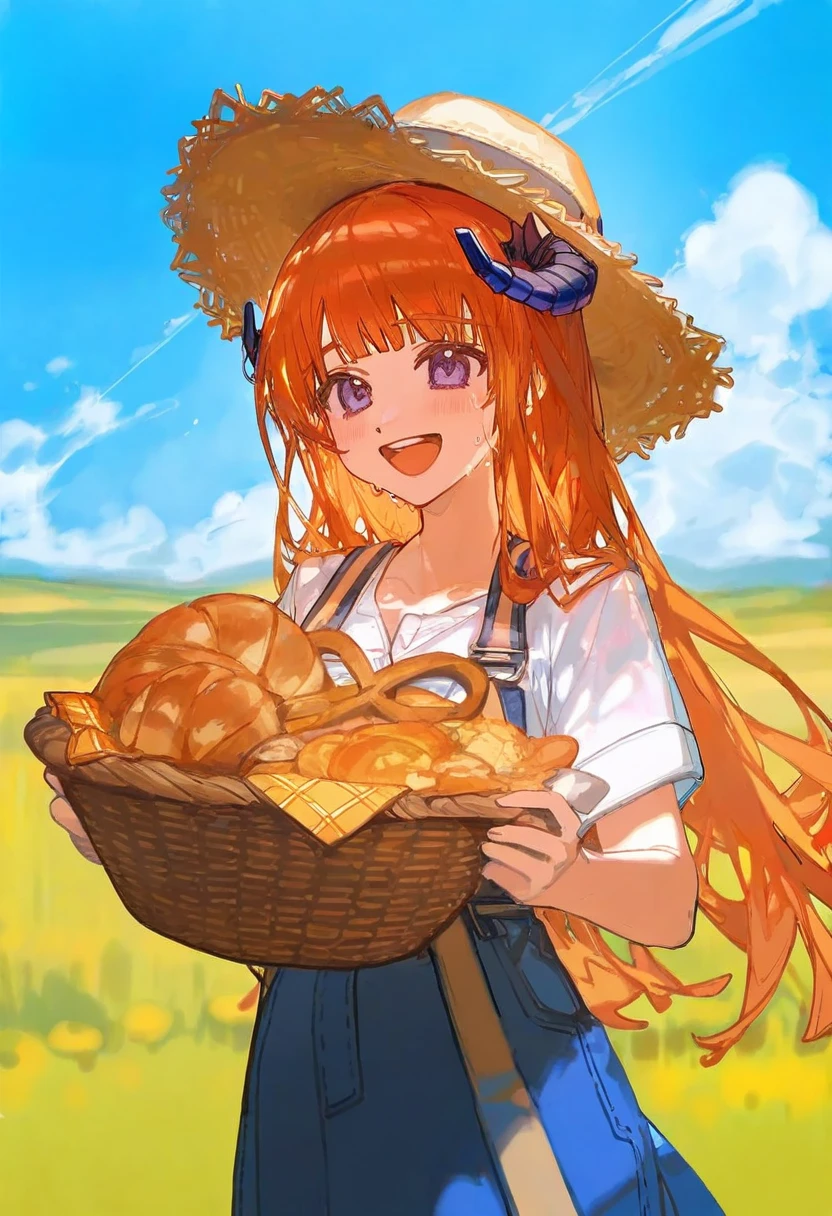 ciloranko, - 1girl,bagpipe \(arknights\),arknights,baguette,blush,bread,croissant,holding basket,pretzel,upper body,straw hat,field,sky,laughing,sweat,sunlight,