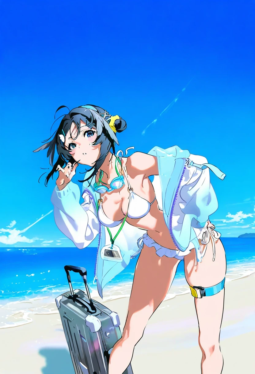 ((yoneyama mai)), - 1girl,la pluma \(summer flowers\) \(arknights\),arknights,white bikini,outdoors,navel,day,sky,blue sky,beach,suitcase,looking at viewer,ocean,low-tied long hair,leaning forward,standing,holding,frills,hand up,bare shoulders,floating hair,