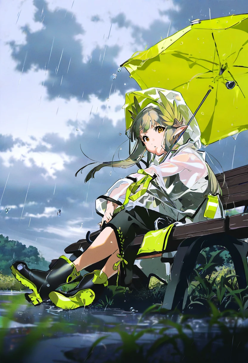 ((yoneyama mai)), - 1girl,muelsyse \(arknights\),arknights,cloudy sky,grass,on bench,outdoors,rain,road,yellow rubber boots,see-through coat,sitting,transparent raincoat,water drop,
