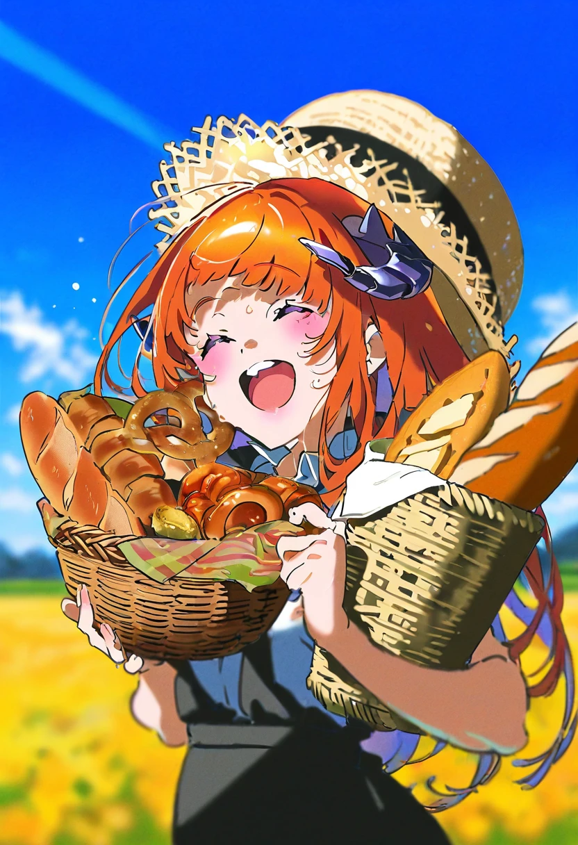 ((yoneyama mai)), - 1girl,bagpipe \(arknights\),arknights,baguette,blush,bread,croissant,holding basket,pretzel,upper body,straw hat,field,sky,laughing,sweat,sunlight,