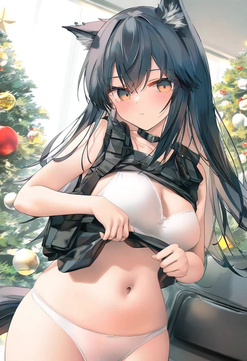 (chen bin), - 1girl,texas \(arknights\),arknights,underwear,tactical vest,christmas tree,christmas ornaments,