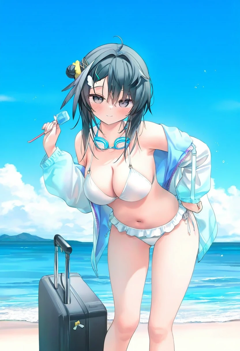 (chen bin), - 1girl,la pluma \(summer flowers\) \(arknights\),arknights,white bikini,outdoors,navel,day,sky,blue sky,beach,suitcase,looking at viewer,ocean,low-tied long hair,leaning forward,standing,holding,frills,hand up,bare shoulders,floating hair,