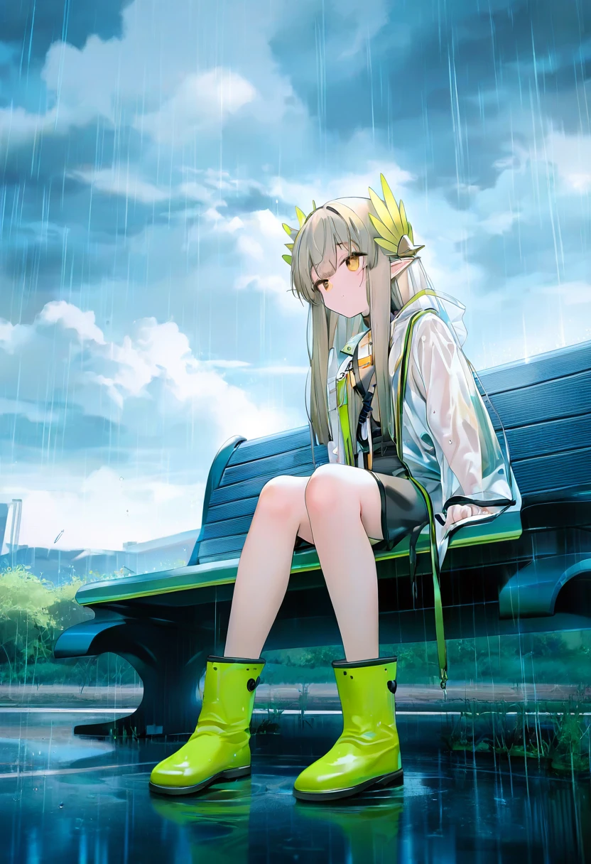 (chen bin), - 1girl,muelsyse \(arknights\),arknights,cloudy sky,grass,on bench,outdoors,rain,road,yellow rubber boots,see-through coat,sitting,transparent raincoat,water drop,