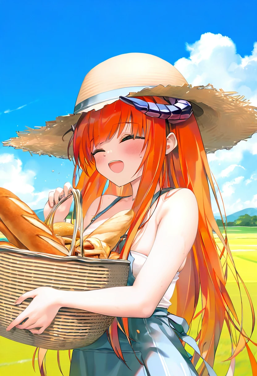 (chen bin), - 1girl,bagpipe \(arknights\),arknights,baguette,blush,bread,croissant,holding basket,pretzel,upper body,straw hat,field,sky,laughing,sweat,sunlight,