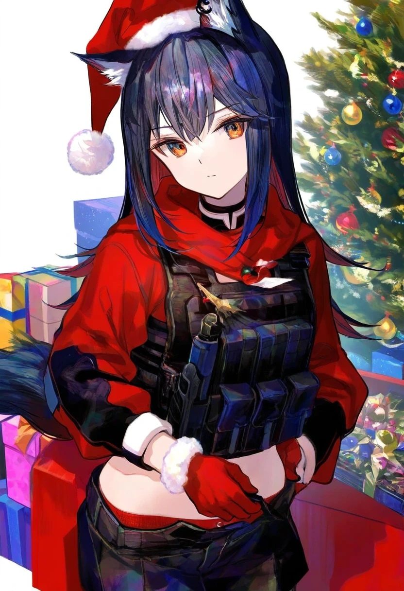 fuzichoco, - 1girl,texas \(arknights\),arknights,underwear,tactical vest,christmas tree,christmas ornaments,