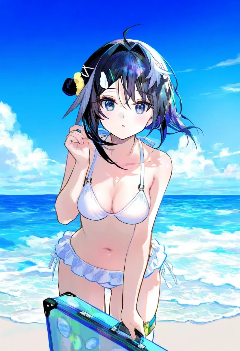 fuzichoco, - 1girl,la pluma \(summer flowers\) \(arknights\),arknights,white bikini,outdoors,navel,day,sky,blue sky,beach,suitcase,looking at viewer,ocean,low-tied long hair,leaning forward,standing,holding,frills,hand up,bare shoulders,floating hair,