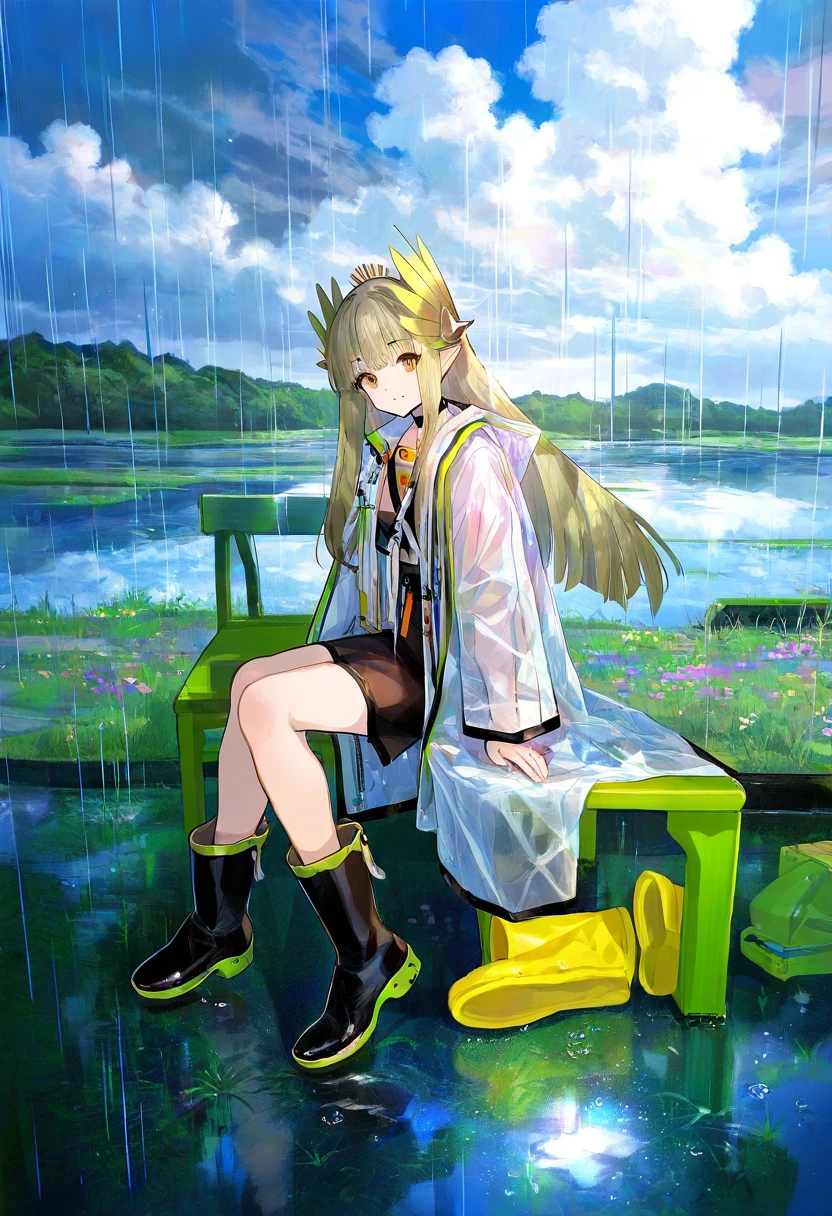 fuzichoco, - 1girl,muelsyse \(arknights\),arknights,cloudy sky,grass,on bench,outdoors,rain,road,yellow rubber boots,see-through coat,sitting,transparent raincoat,water drop,