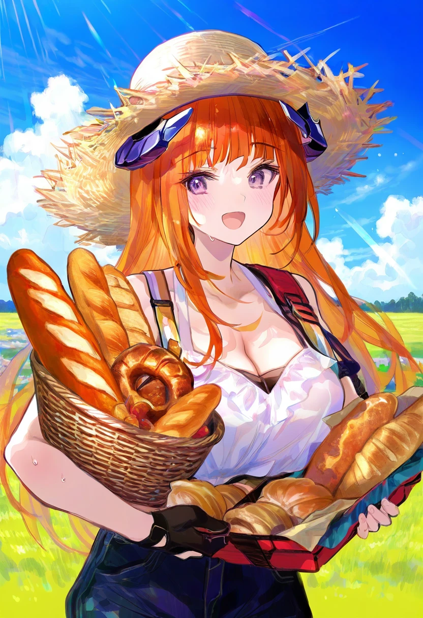 fuzichoco, - 1girl,bagpipe \(arknights\),arknights,baguette,blush,bread,croissant,holding basket,pretzel,upper body,straw hat,field,sky,laughing,sweat,sunlight,