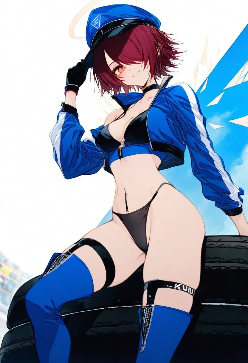 wanke, - 1girl,exusiai \(arknights\),arknights,black gloves,black panties,blue thigh boots,blue hat,blue jacket,long sleeves,race queen,thigh strap,thong,single bare shoulder,skindentation,tire,
