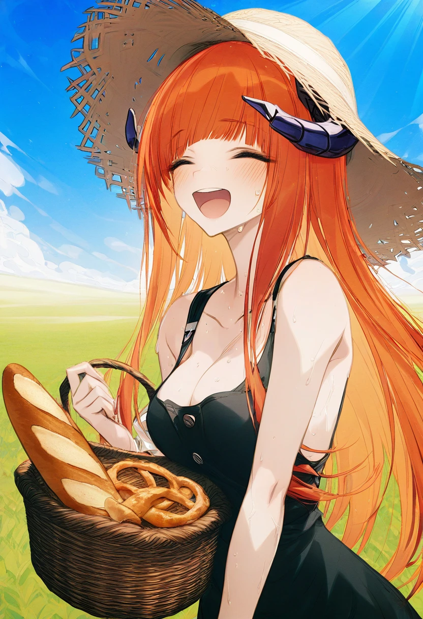 wanke, - 1girl,bagpipe \(arknights\),arknights,baguette,blush,bread,croissant,holding basket,pretzel,upper body,straw hat,field,sky,laughing,sweat,sunlight,