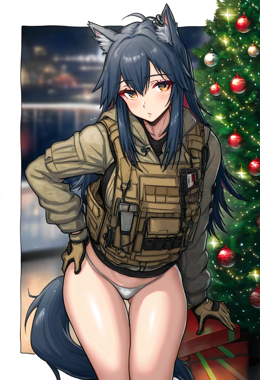 ((Yuko Shimizu)), - 1girl,texas \(arknights\),arknights,underwear,tactical vest,christmas tree,christmas ornaments,