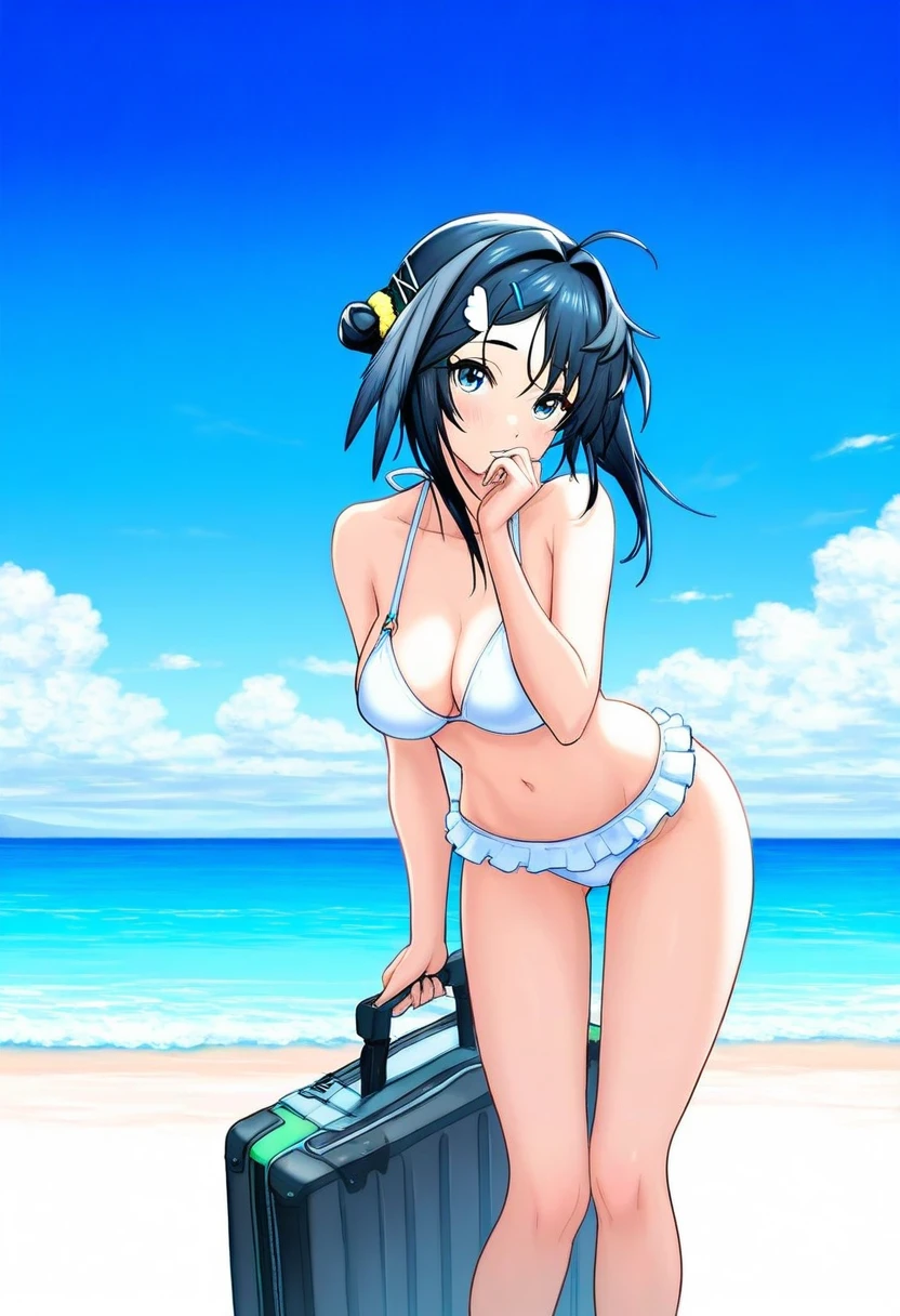 ((Yuko Shimizu)), - 1girl,la pluma \(summer flowers\) \(arknights\),arknights,white bikini,outdoors,navel,day,sky,blue sky,beach,suitcase,looking at viewer,ocean,low-tied long hair,leaning forward,standing,holding,frills,hand up,bare shoulders,floating hair,