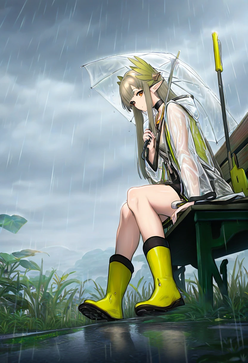 ((Yuko Shimizu)), - 1girl,muelsyse \(arknights\),arknights,cloudy sky,grass,on bench,outdoors,rain,road,yellow rubber boots,see-through coat,sitting,transparent raincoat,water drop,
