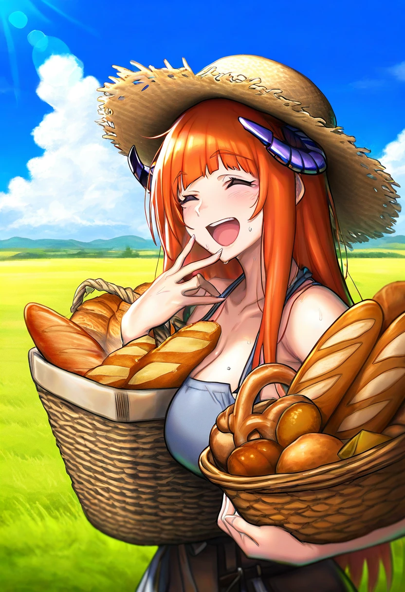 ((Yuko Shimizu)), - 1girl,bagpipe \(arknights\),arknights,baguette,blush,bread,croissant,holding basket,pretzel,upper body,straw hat,field,sky,laughing,sweat,sunlight,