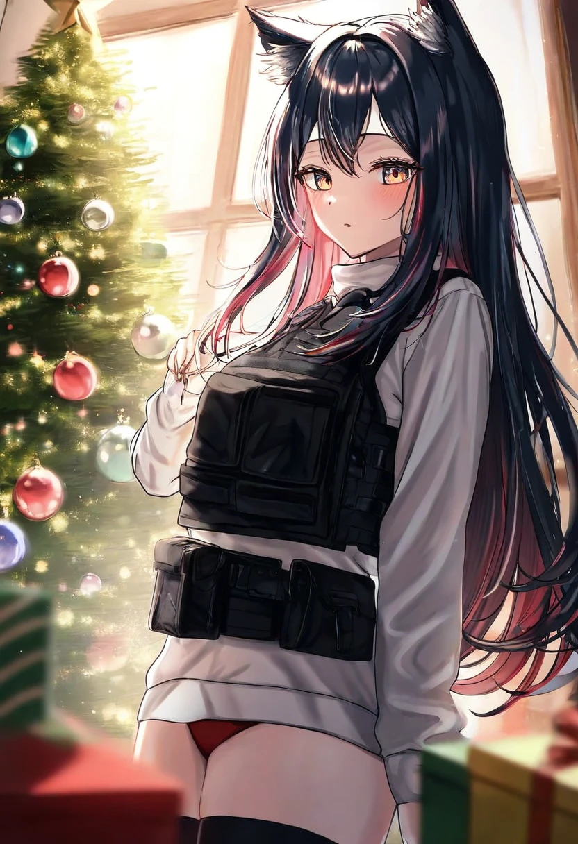 sakura \(39ra\), - 1girl,texas \(arknights\),arknights,underwear,tactical vest,christmas tree,christmas ornaments,