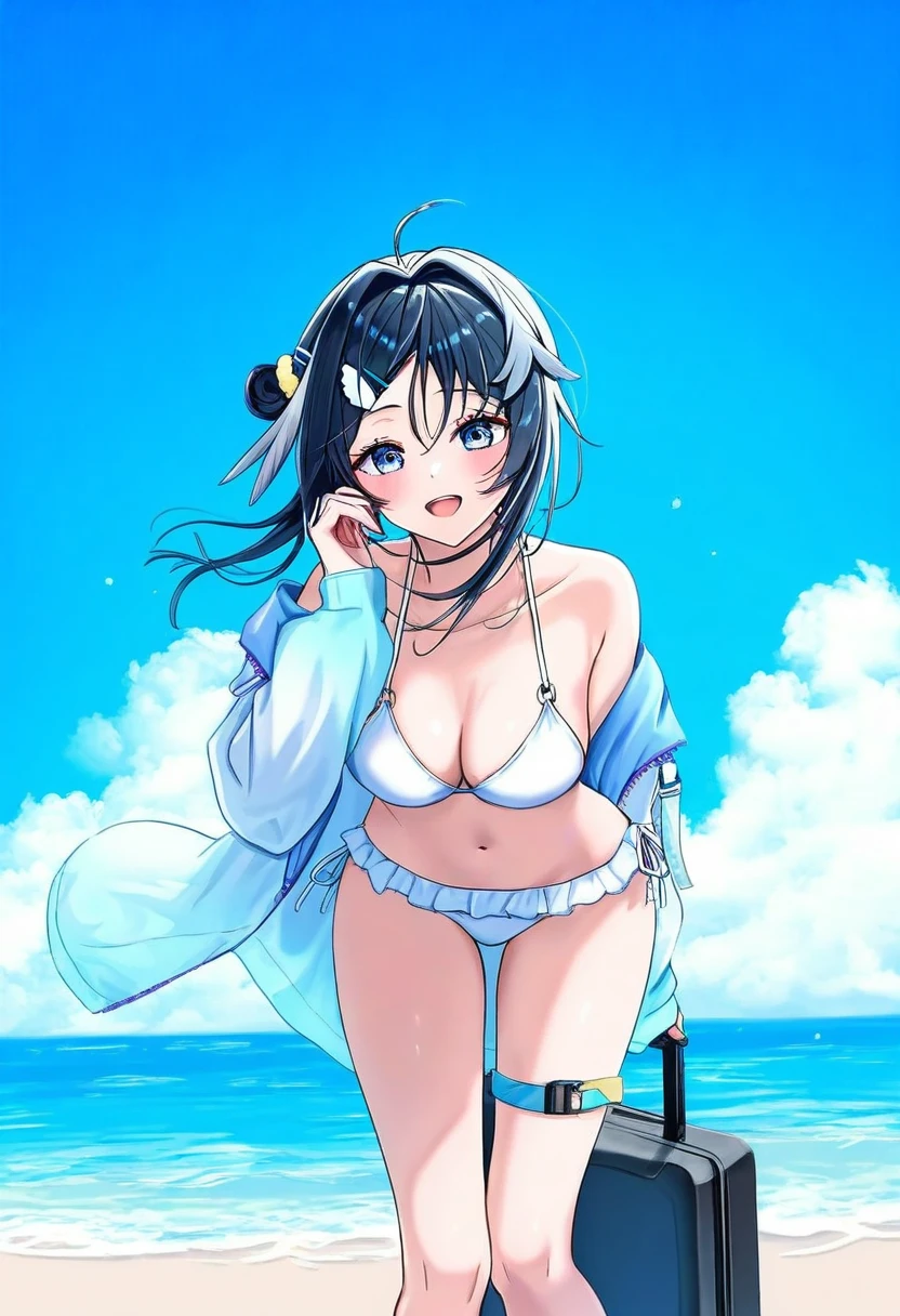 sakura \(39ra\), - 1girl,la pluma \(summer flowers\) \(arknights\),arknights,white bikini,outdoors,navel,day,sky,blue sky,beach,suitcase,looking at viewer,ocean,low-tied long hair,leaning forward,standing,holding,frills,hand up,bare shoulders,floating hair,