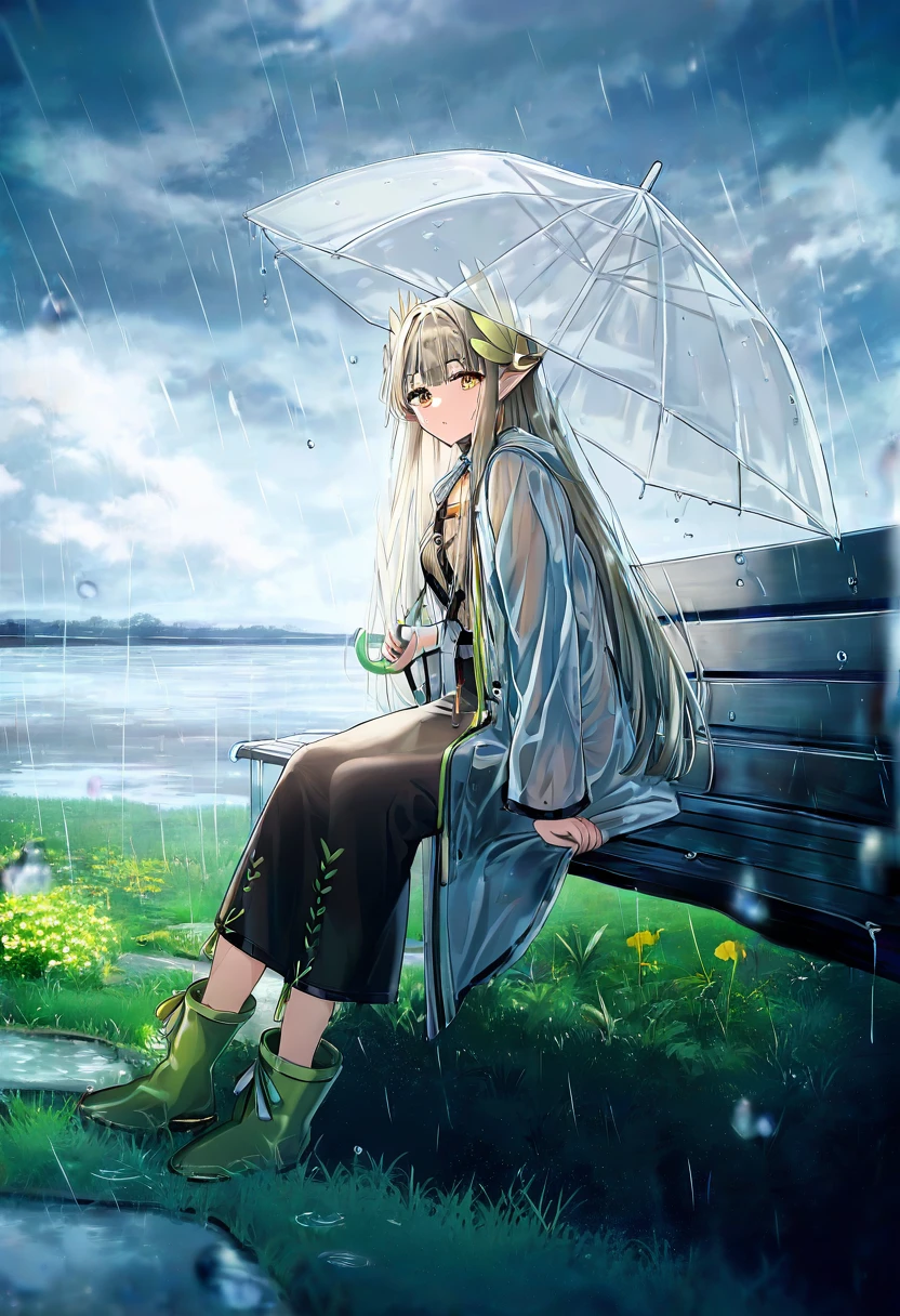 sakura \(39ra\), - 1girl,muelsyse \(arknights\),arknights,cloudy sky,grass,on bench,outdoors,rain,road,yellow rubber boots,see-through coat,sitting,transparent raincoat,water drop,