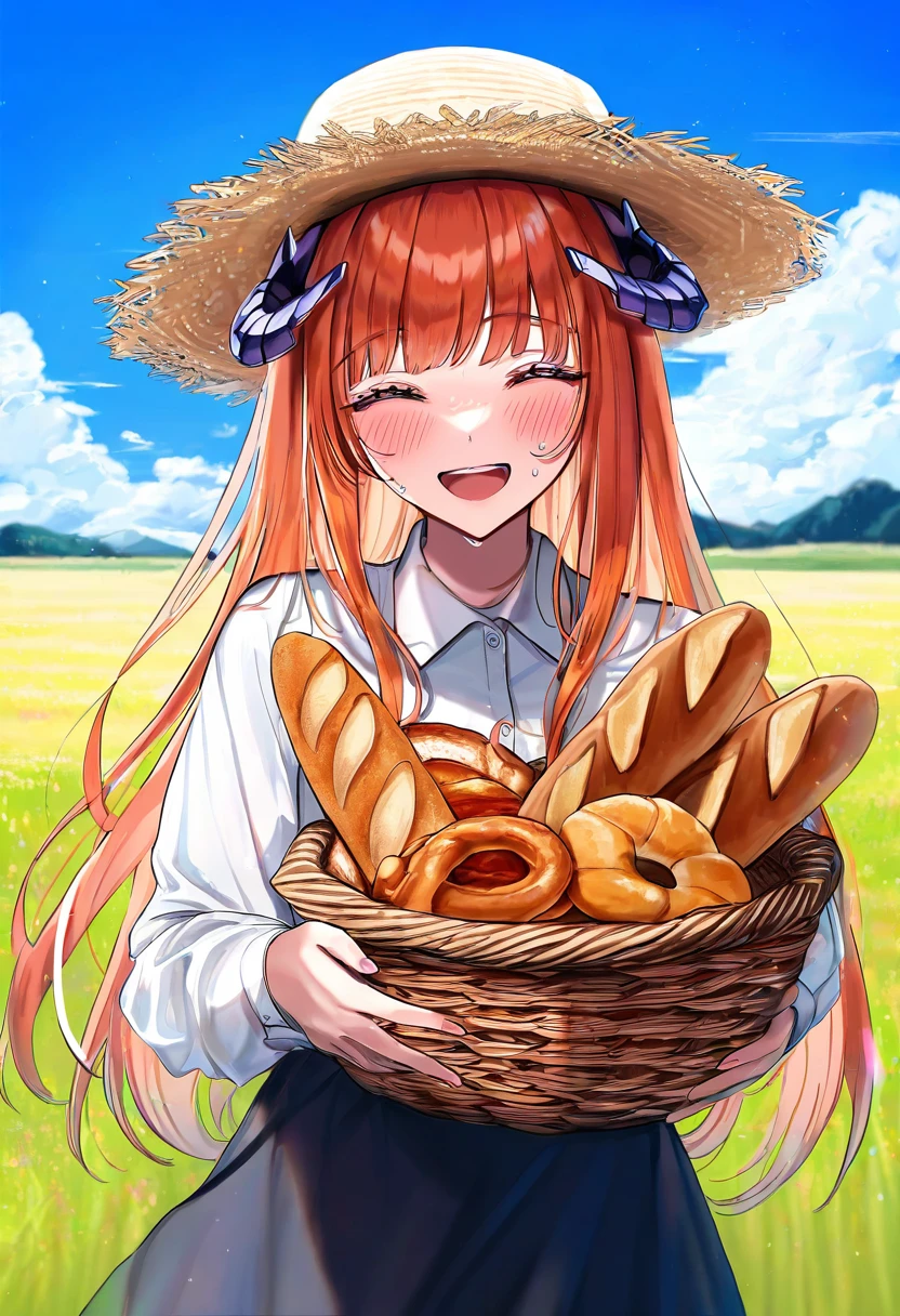 sakura \(39ra\), - 1girl,bagpipe \(arknights\),arknights,baguette,blush,bread,croissant,holding basket,pretzel,upper body,straw hat,field,sky,laughing,sweat,sunlight,