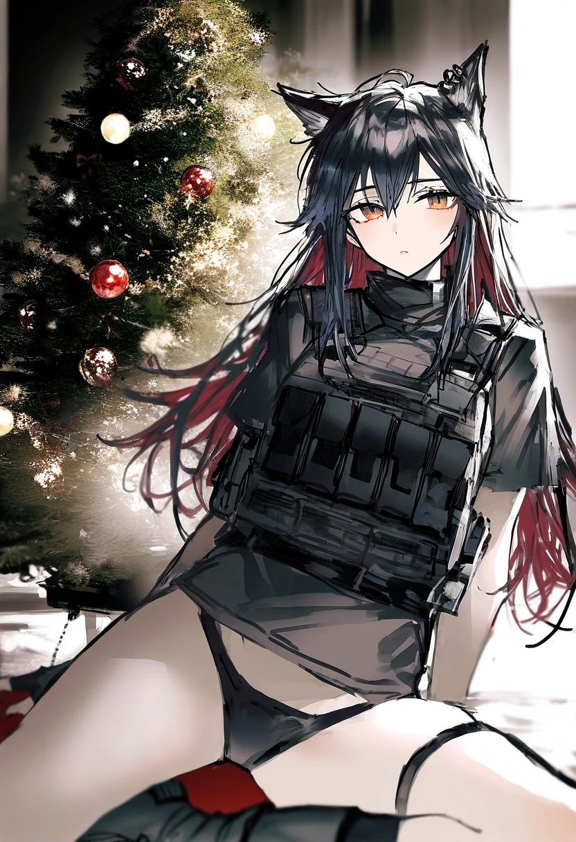 remsrar, - 1girl,texas \(arknights\),arknights,underwear,tactical vest,christmas tree,christmas ornaments,