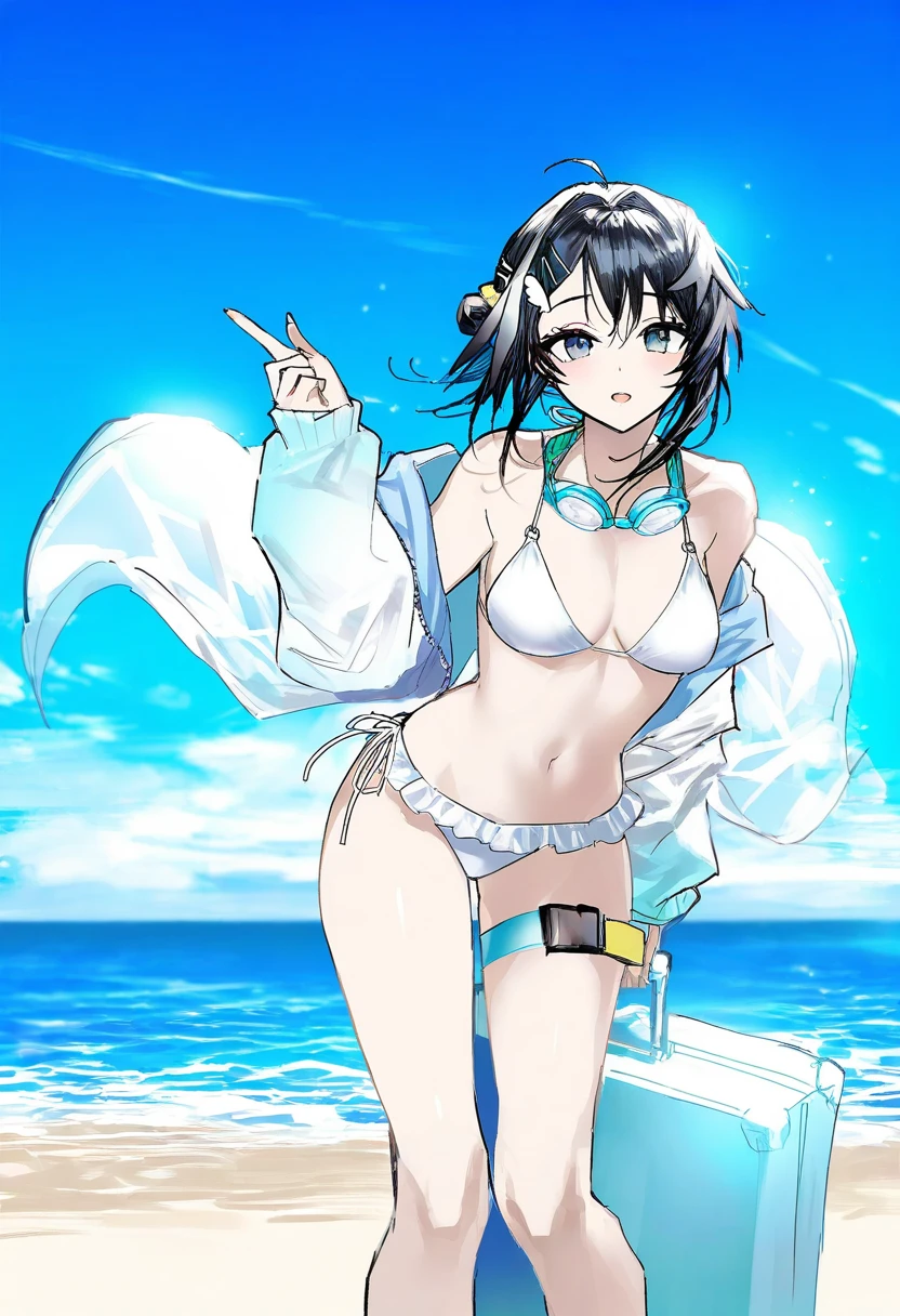 remsrar, - 1girl,la pluma \(summer flowers\) \(arknights\),arknights,white bikini,outdoors,navel,day,sky,blue sky,beach,suitcase,looking at viewer,ocean,low-tied long hair,leaning forward,standing,holding,frills,hand up,bare shoulders,floating hair,