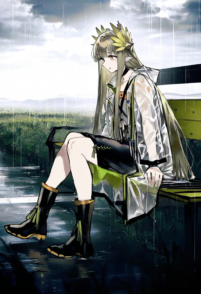 remsrar, - 1girl,muelsyse \(arknights\),arknights,cloudy sky,grass,on bench,outdoors,rain,road,yellow rubber boots,see-through coat,sitting,transparent raincoat,water drop,
