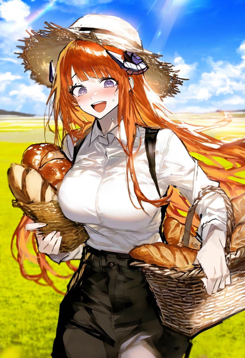 remsrar, - 1girl,bagpipe \(arknights\),arknights,baguette,blush,bread,croissant,holding basket,pretzel,upper body,straw hat,field,sky,laughing,sweat,sunlight,