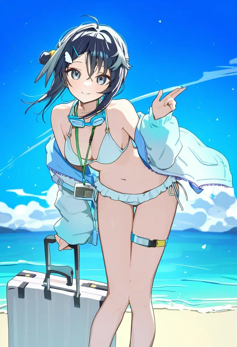 ningen mame, - 1girl,la pluma \(summer flowers\) \(arknights\),arknights,white bikini,outdoors,navel,day,sky,blue sky,beach,suitcase,looking at viewer,ocean,low-tied long hair,leaning forward,standing,holding,frills,hand up,bare shoulders,floating hair,