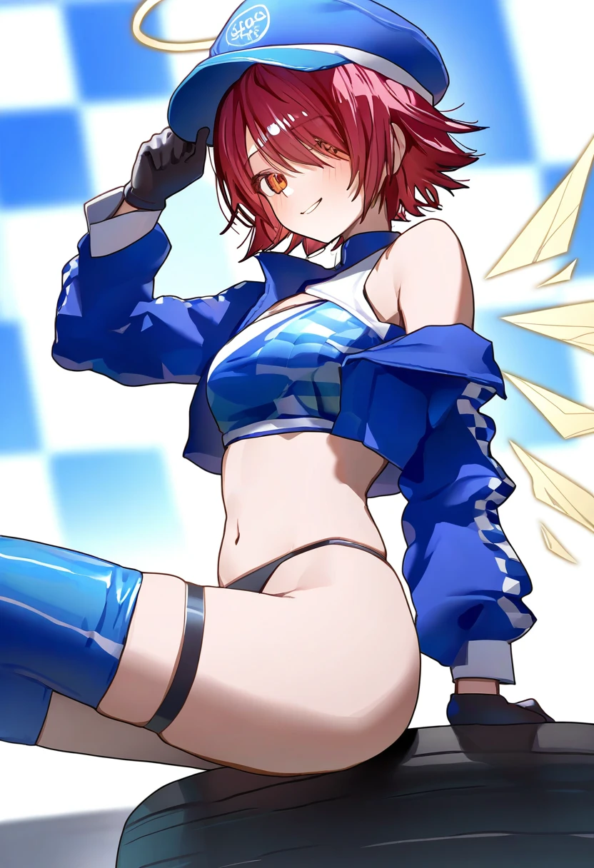 ningen mame, - 1girl,exusiai \(arknights\),arknights,black gloves,black panties,blue thigh boots,blue hat,blue jacket,long sleeves,race queen,thigh strap,thong,single bare shoulder,skindentation,tire,