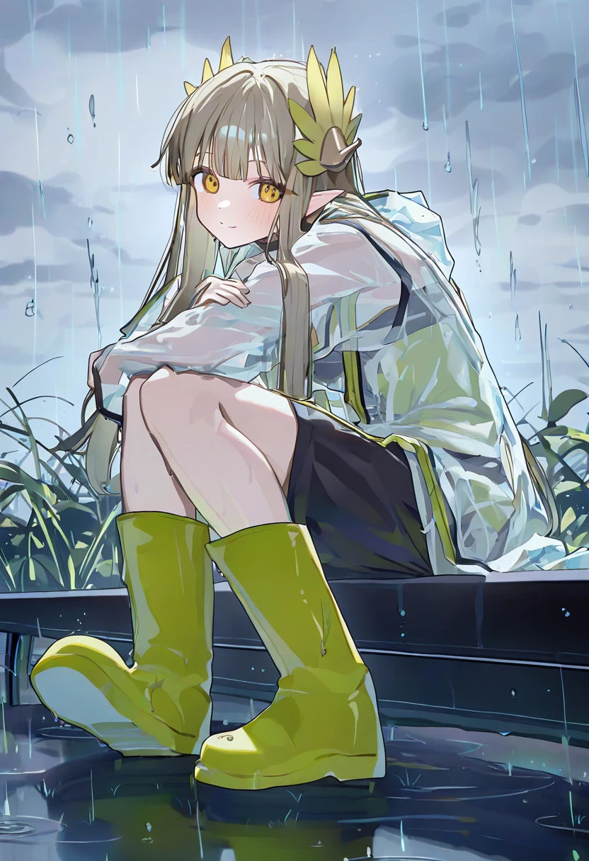 ningen mame, - 1girl,muelsyse \(arknights\),arknights,cloudy sky,grass,on bench,outdoors,rain,road,yellow rubber boots,see-through coat,sitting,transparent raincoat,water drop,