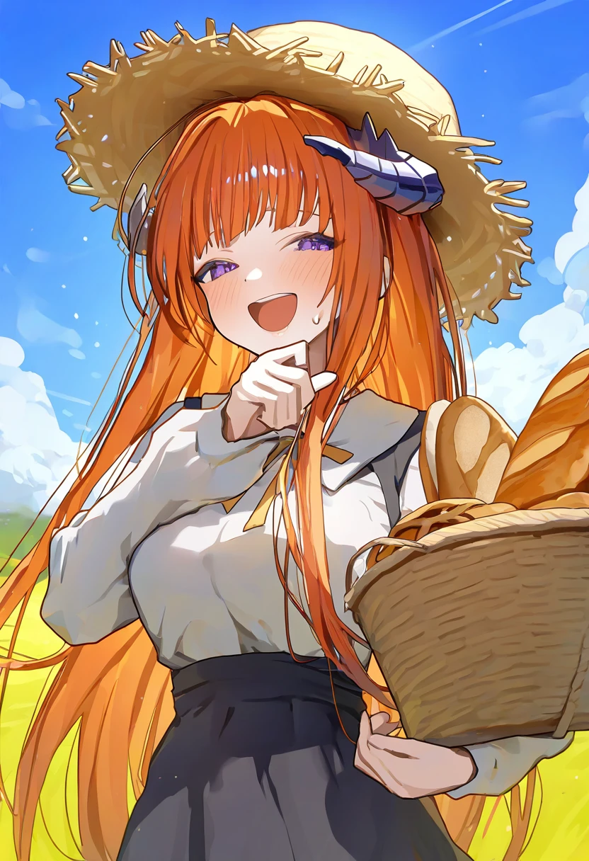 ningen mame, - 1girl,bagpipe \(arknights\),arknights,baguette,blush,bread,croissant,holding basket,pretzel,upper body,straw hat,field,sky,laughing,sweat,sunlight,