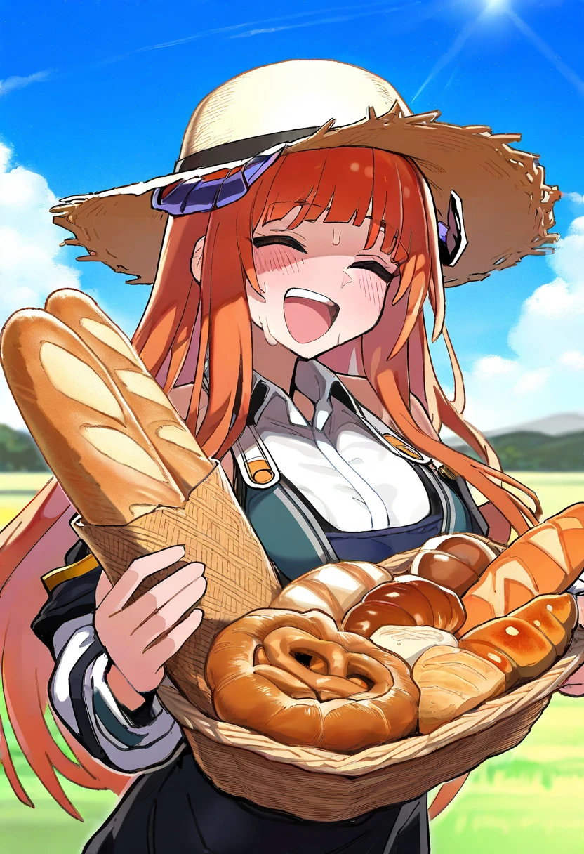 wagashi \(dagashiya\), - 1girl,bagpipe \(arknights\),arknights,baguette,blush,bread,croissant,holding basket,pretzel,upper body,straw hat,field,sky,laughing,sweat,sunlight,
