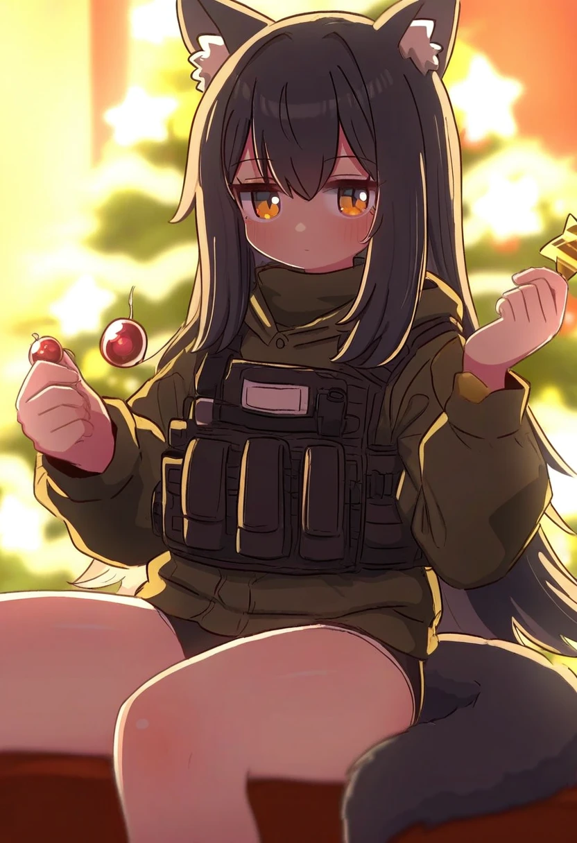 (naga u ), - 1girl,texas \(arknights\),arknights,underwear,tactical vest,christmas tree,christmas ornaments,