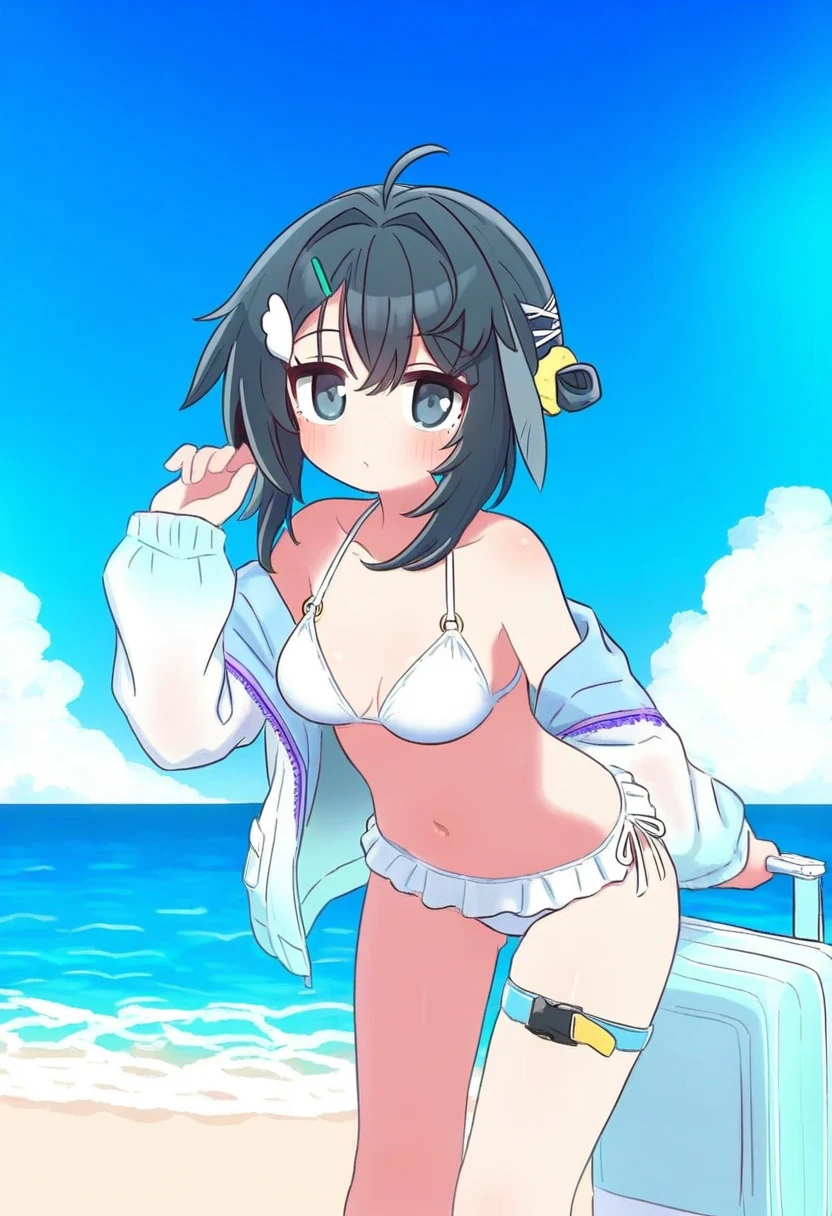 (naga u ), - 1girl,la pluma \(summer flowers\) \(arknights\),arknights,white bikini,outdoors,navel,day,sky,blue sky,beach,suitcase,looking at viewer,ocean,low-tied long hair,leaning forward,standing,holding,frills,hand up,bare shoulders,floating hair,