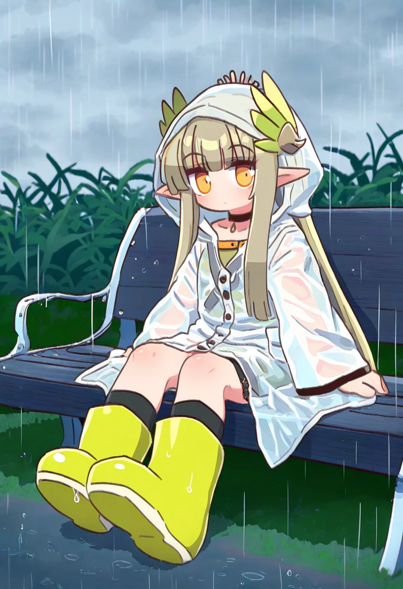 (naga u ), - 1girl,muelsyse \(arknights\),arknights,cloudy sky,grass,on bench,outdoors,rain,road,yellow rubber boots,see-through coat,sitting,transparent raincoat,water drop,