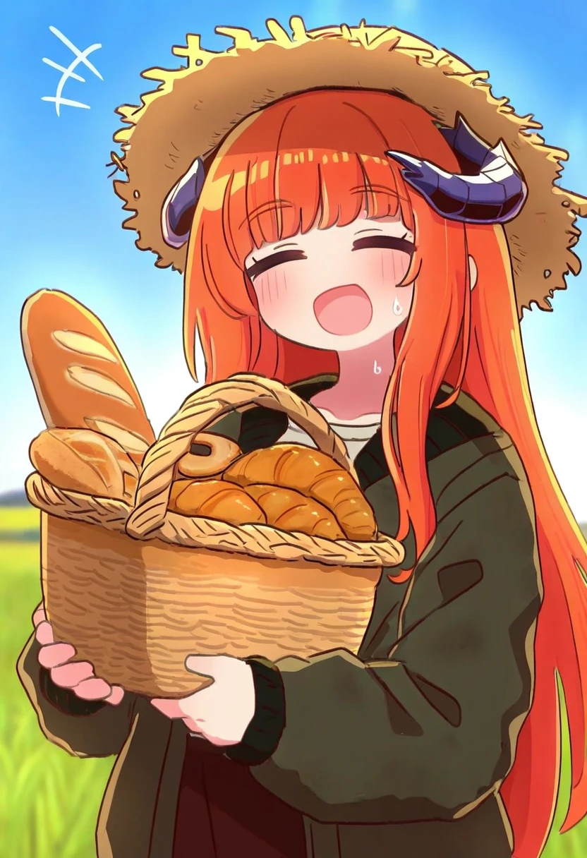 (naga u ), - 1girl,bagpipe \(arknights\),arknights,baguette,blush,bread,croissant,holding basket,pretzel,upper body,straw hat,field,sky,laughing,sweat,sunlight,