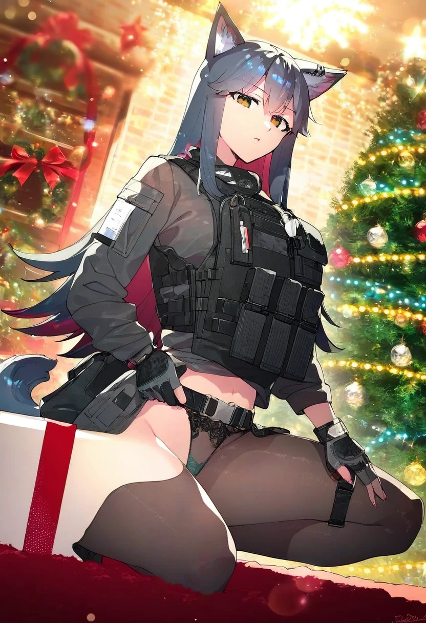 ((redrop)), - 1girl,texas \(arknights\),arknights,underwear,tactical vest,christmas tree,christmas ornaments,
