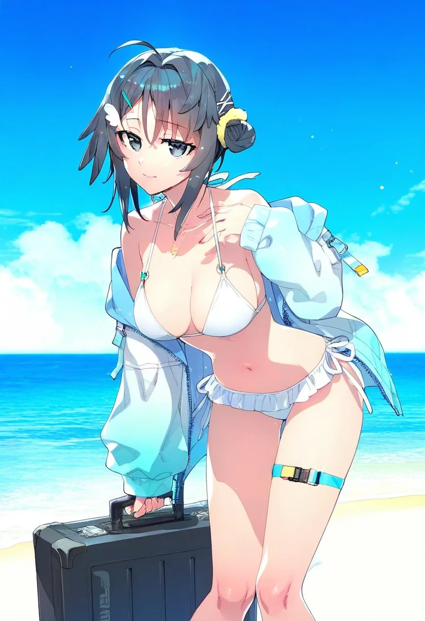 ((redrop)), - 1girl,la pluma \(summer flowers\) \(arknights\),arknights,white bikini,outdoors,navel,day,sky,blue sky,beach,suitcase,looking at viewer,ocean,low-tied long hair,leaning forward,standing,holding,frills,hand up,bare shoulders,floating hair,